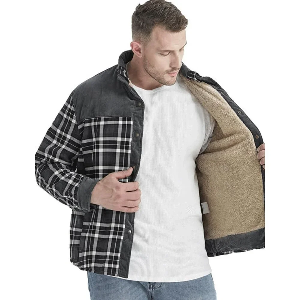 Men's Grey Long Sleeve Sherpa Lined Flannel Shirt Jacket Fleeces